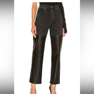 Trendy Black Denim and Leather Pants